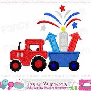 May include: Red tractor pulling a blue wagon filled with fireworks. The fireworks are red, white, and blue and have stars on them.