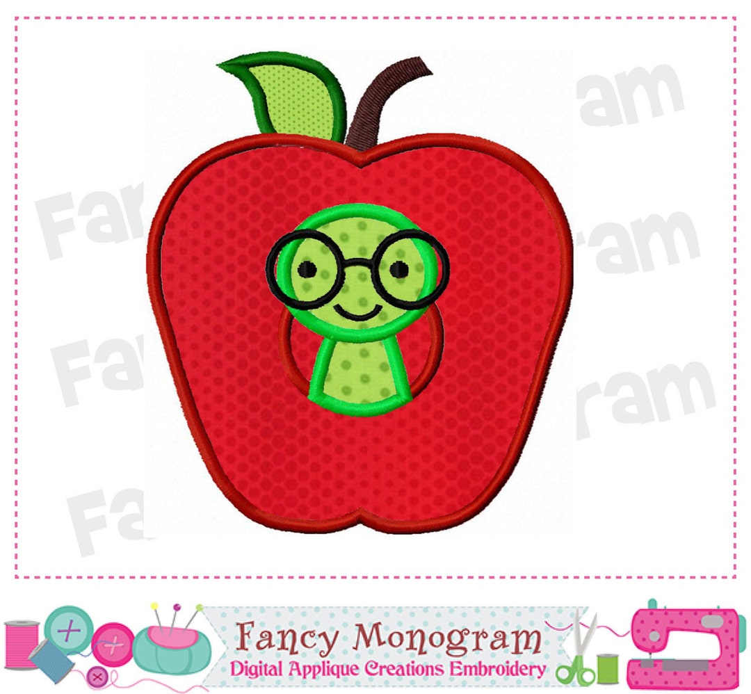 Apple Applique Embroidery Design for Back to School - Book Worm Design ...