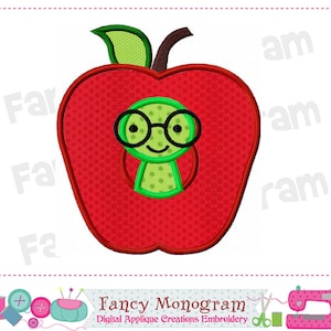 Apfel Applikation, Stickdatei für Back to School - Bücherwurm-Design