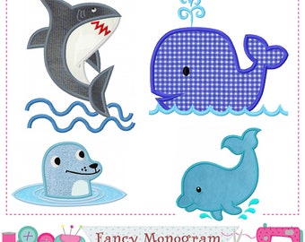 Ocean Animals Applique Set - Shark, Whale & Dolphins Embroidery Design -245S
