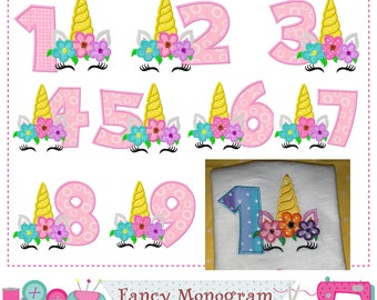 Unicorn Applique Shirt Embroidery with Machine Embroidered Numbers - Baby girl birthday applique design -B2101