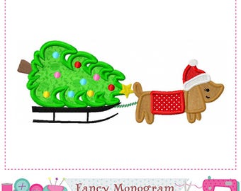 Christmas Tree Puppy Santa Sleigh Applique Embroidery - Festive Holiday Decor -258TS