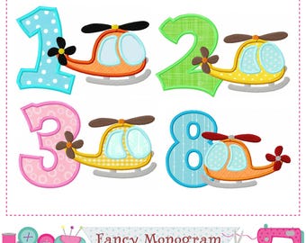 Helicopter Plane Embroidery Numbers Design for Kids - Birthday Applique -2071