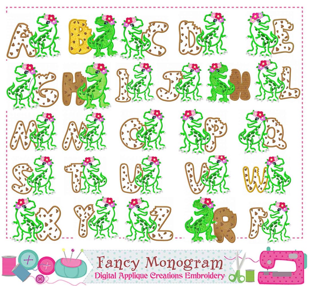 T-rex Machine Embroidery Font & Dinosaur Applique Cookies - Flower ...