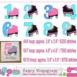 May include: A set of ten colorful embroidery designs featuring numbers 1 through 10 with roller skates. The designs are perfect for creating personalized gifts or decorations. The designs are available in three sizes: 4x4, 5x7, and 6x10 hoop.