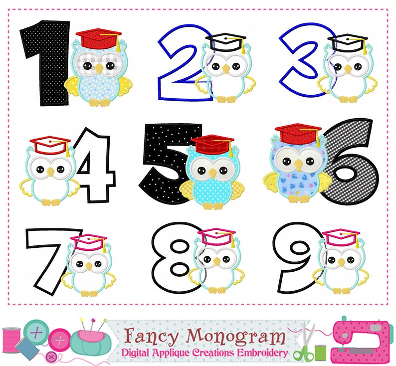 Graduation Day Numbers Applique - Owl Embroidery Design (digital ...