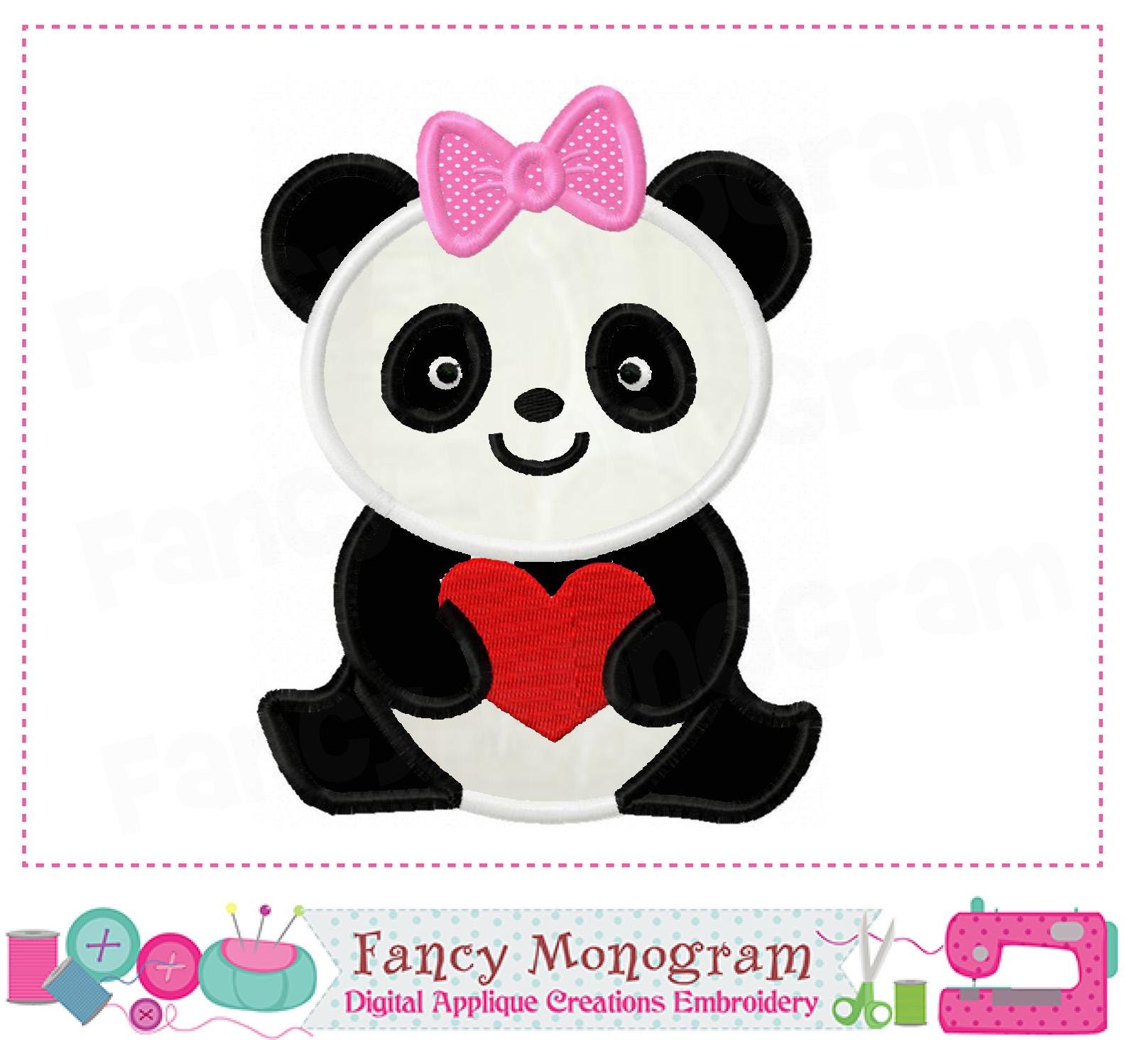 Adorable Panda Applique with bow Machine Embroidery -250PA