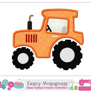 May include: Orange tractor with black wheels and a white centre. The tractor has a striped pattern and a small window.