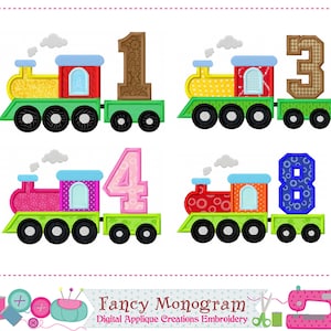 May include: Four colorful train designs with numbers 1, 3, 4, and 8. Each train has a different color scheme, including yellow, red, and pink, with matching number blocks. The trains are set against a white background.