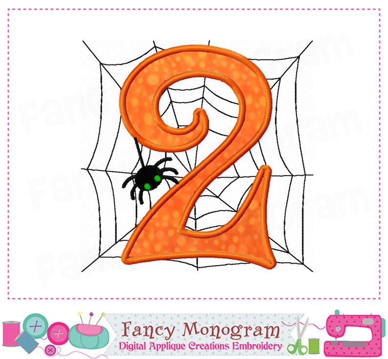 K&ouml;nnte beinhalten: Orangefarbene Zahl Zwei mit einer Spinne auf einem schwarzen Spinnennetz. Die Zahl ist im Halloween-Stil.