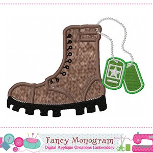 May include: An embroidered design of a brown military boot with black soles and laces, paired with two green dog tags. The dog tags are connected by a white string and feature a star and a rectangular border.