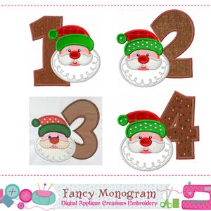 May include: Four Christmas-themed applique designs featuring numbers 1 through 4. Each number is paired with a Santa Claus face, complete with a red hat, white beard, and rosy cheeks. The numbers are in brown, with the Santa faces in a circular design.