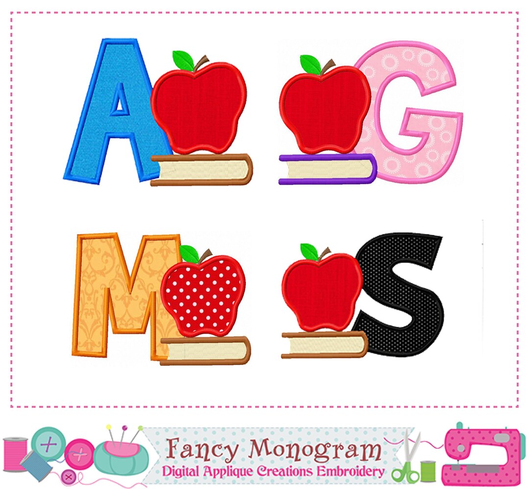 Apple Font Monogram Embroidery Applique Design: School Book Letters (4 ...