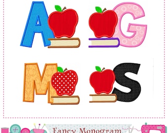 Apple Font Monogram Embroidery Applique Design: School Book Letters (4 Sizes, Digital Download) 257B