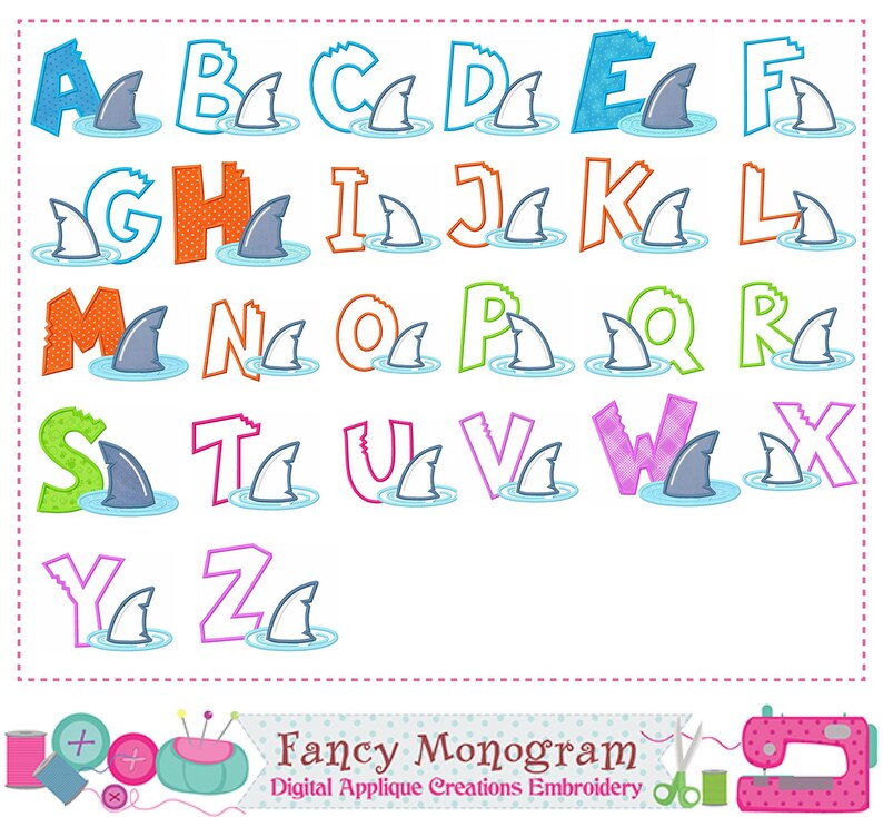 Shark In Letters Shark Monogram Applique: Ocean Fonts Embroidery Design (4x4, 5x7, 6x10 ...