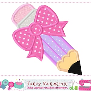 May include: An embroidered applique design of a pencil featuring a light purple body with white polka dots, a pink eraser with white dots, and a large pink bow with white polka dots. The pencil tip is light yellow with a black lead point.