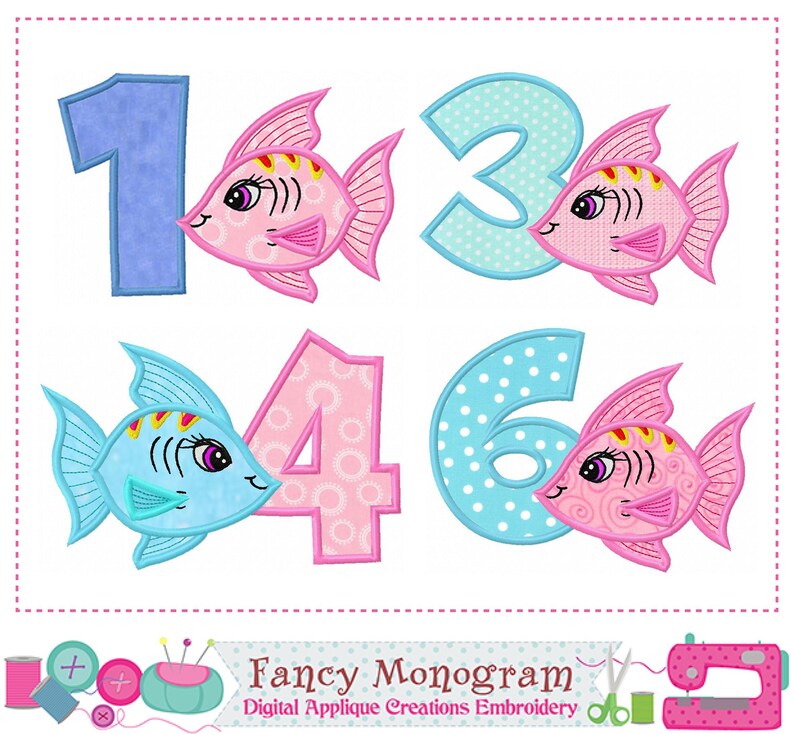 Numbers With Background Fish Fish Numbers Applique Machine Embroidery Design (5x7, 6x10, 7x10 Hoops ...