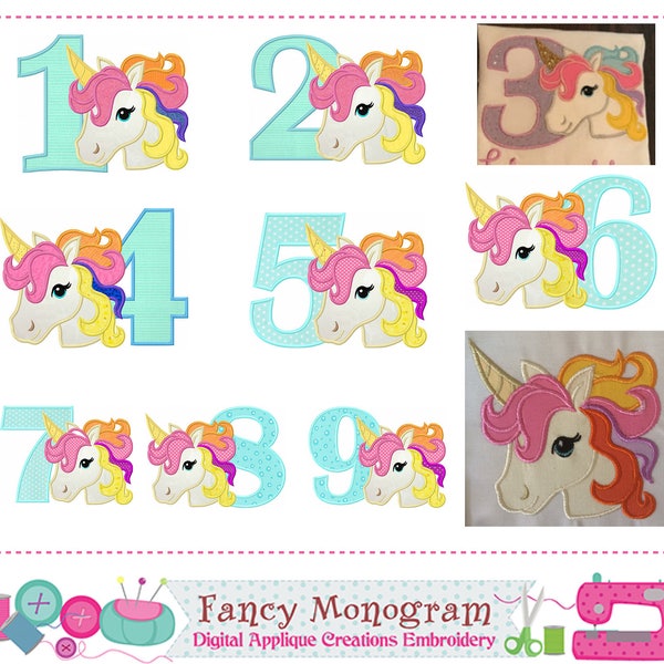 Rainbow unicorn Numbers design - Birthday Numbers applique - Rainbow unicorn - Girl applique - Girl Birthday - Birthday numbers design.