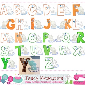 Summer Elephant Alphabet Monograms applique embroidery - Beach birthday party letters applique-African animal design-machine embroidery-8528