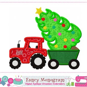 May include: A red tractor with black wheels pulls a green wagon carrying a Christmas tree. The tree is decorated with colorful ornaments and topped with a yellow star. The tractor has a decorative pattern.
