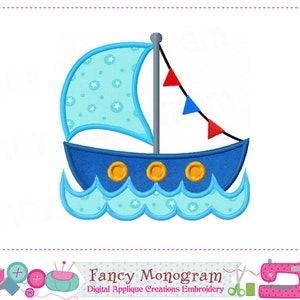 May include: A blue sailboat design with a light blue sail featuring white stars. The boat has three gold portholes and is sailing on blue waves. Red and blue pennants hang from the mast. The design is for digital applique creations.