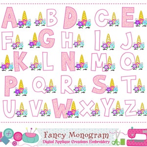 Unicorn Alphabet embroidery - Girl birthday party letters applique - School babies girl Monograms design - 26 Fonts - machine embrodiery-B