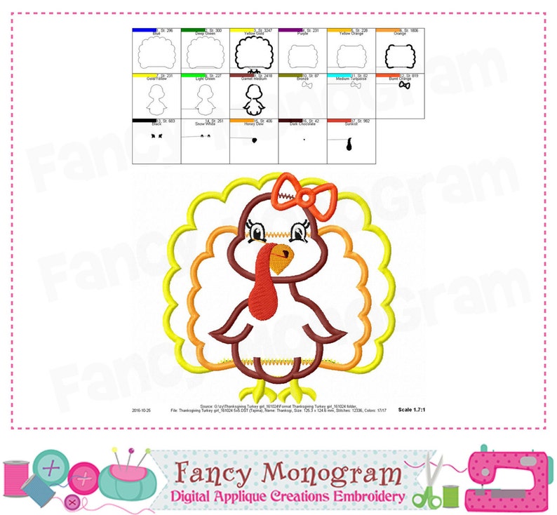 Turkey applique-Turkey design-Turkey embroidery-Thanksgiving design-Thanksgiving applique-Thanksgiving embroidery-Turkey Girl applique. image 2