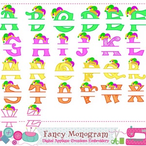 Fuentes de bordado a máquina y diseños de monogramas divididos para carnaval Mardi Gras - Fuentes de bordado divertidas para carnaval - Monogramas para Mardi Gras -241A