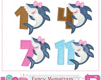 Shark Numbers Applique - Bow Embroidery Design (Digital Download) 2537