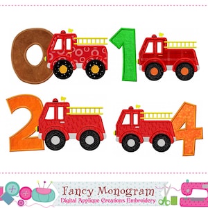 Firetruck Embroidery Birthday Numbers Applique - Custom Kids Birthday Decor -18619