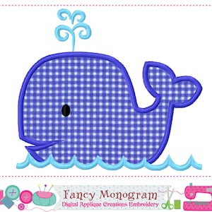 May include: An embroidery design featuring a blue and white gingham whale with a light blue water spout and waves. The text Fancy Monogram Digital Applique Creations Embroidery is displayed at the bottom with icons of sewing supplies and a machine.