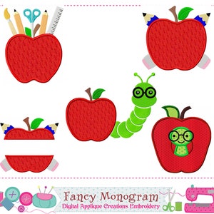 Back to School Machine Embroidery Apple Applique - Book Worm Decor - Cute Embroidered Patch - shirt design -245L
