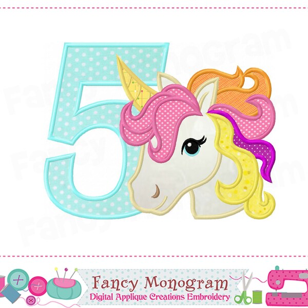 Rainbow unicorn Number 5 applique - Rainbow unicorn - My 5th Birthday - Number 5 - Rainbow unicorn applique - Girl applique - Girl Birthday.