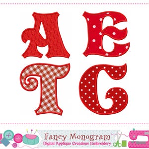 May include: Four red letters: A, E, T, and G. The letter A has a textured pattern, E has white polka dots, T has a gingham pattern, and G has white polka dots. The letters are part of a monogram design.