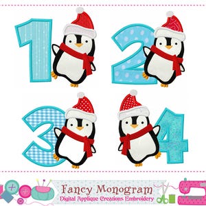 May include: A digital applique design featuring the numbers 1, 2, 3, and 4, each accompanied by a cartoon penguin wearing a Santa hat and red scarf. The numbers are in shades of blue with various patterns. The text "Fancy Monogram" is also present.