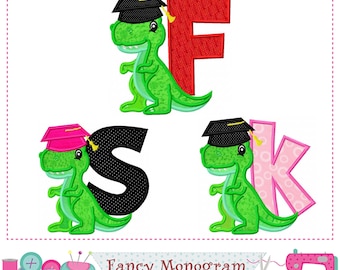 Graduation Day Applique Embroidery Fonts - T-Rex Alphabet Monogram Design -2166