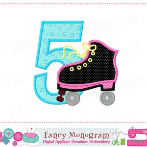 May include: Embroidered design of the number 5 with a roller skate in blue, pink, black, and yellow colors. The design is perfect for a birthday party or a celebration.
