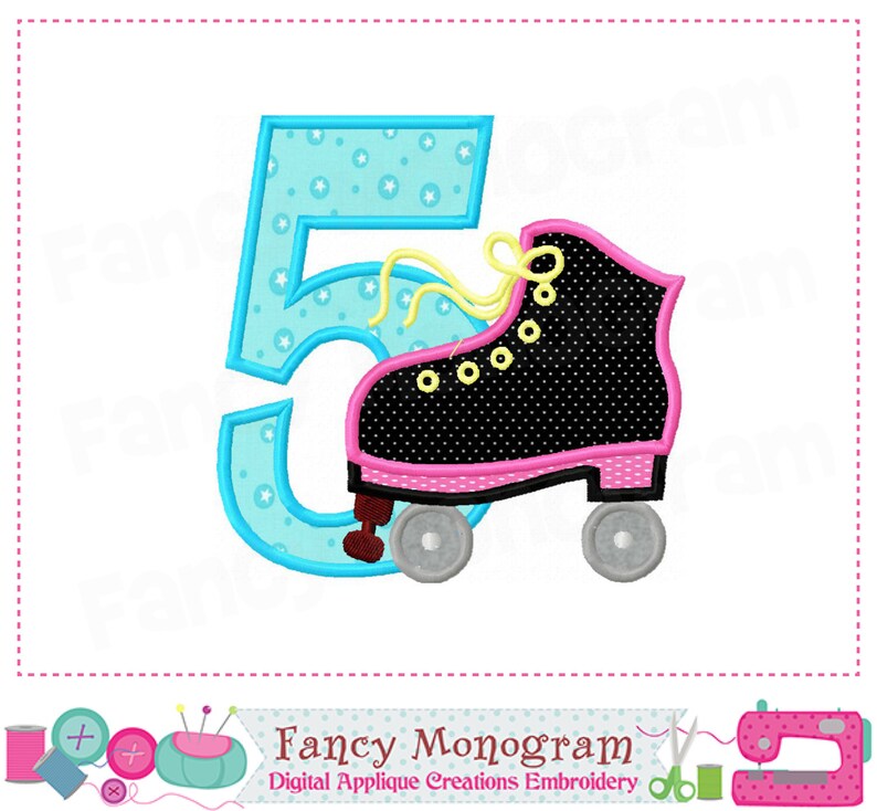May include: Embroidered design of the number 5 with a roller skate in blue, pink, black, and yellow colors. The design is perfect for a birthday party or a celebration.