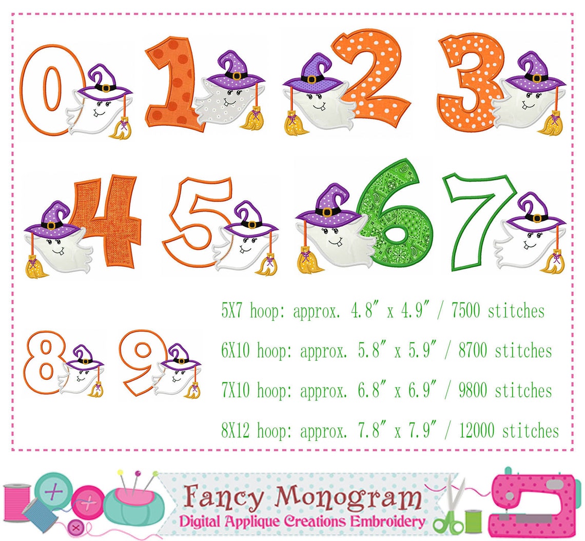 Witch Ghost Numbers Applique Halloween Numbers Embroidery Etsy