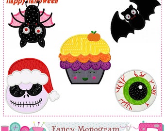 May include: A collection of Halloween-themed digital applique designs. Includes a black bat, a cupcake with a pumpkin, a Jack Skellington-style face in a Santa hat, a spooky eyeball, and a bat. The text "Happy Halloween" is at the top.