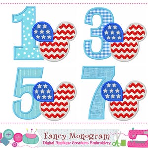 Mickey Mouse Numbers Applique - Independence Day Birthday Design - 4th July Patriotic Stitch -255F