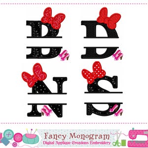 Minnie Fonts Monograms - Split design - Bow Alphabet applique Machine Embroidery -2412W
