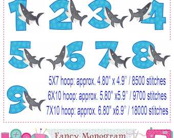 Shark Numbers applique - Summer Beach Numbers embroidery - sea animal applique - Birthday party design embroidery - machine embroidery-18729