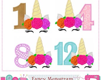 Rose Numbers Applique - Unicorn Embroidery Birthday Design (Digital Download) 247U