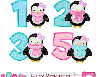 Penguin Bow Applique Embroidery Design: Machine Embroidered Numbers (Digital Download) 2012A