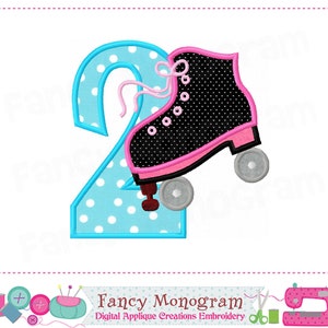May include: A blue and white polka dot number two with a black and white polka dot roller skate on top. The roller skate is pink and has a white wheel. The image is for a digital embroidery design.