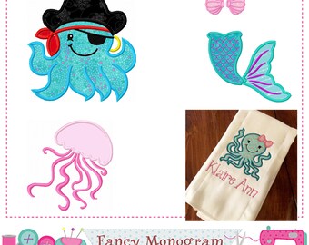 Mermaid, Octopus, Jellyfish Applique Embroidery Set   -245J