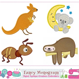 May include: Four machine embroidery applique designs featuring a golden kangaroo with a joey, a gray koala on a yellow crescent moon with blue stars, a brown ant with patterned body segments, and a brown sloth hanging from a light yellow branch.