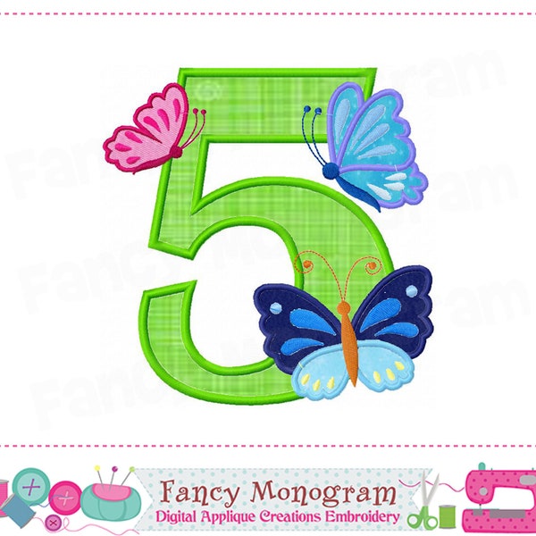 Butterfly Number 5 applique - My 5th Birthday - Butterfly embroidery - Girl applique-Butterfly applique - Easter embroidery - Easter design.