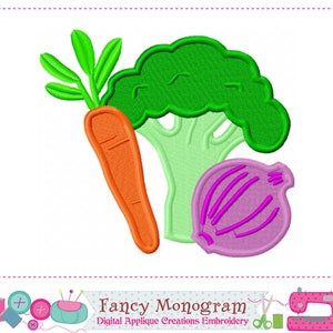 May include: Embroidered design of a green broccoli, an orange carrot, and a purple onion. The vegetables are stylised and have a cartoon-like appearance.